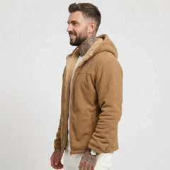 Caramel sherpa-lined fleece jacket on model, side view
