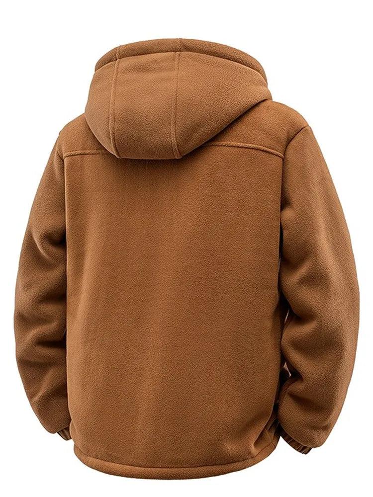 Caramel hooded fleece jacket, back view