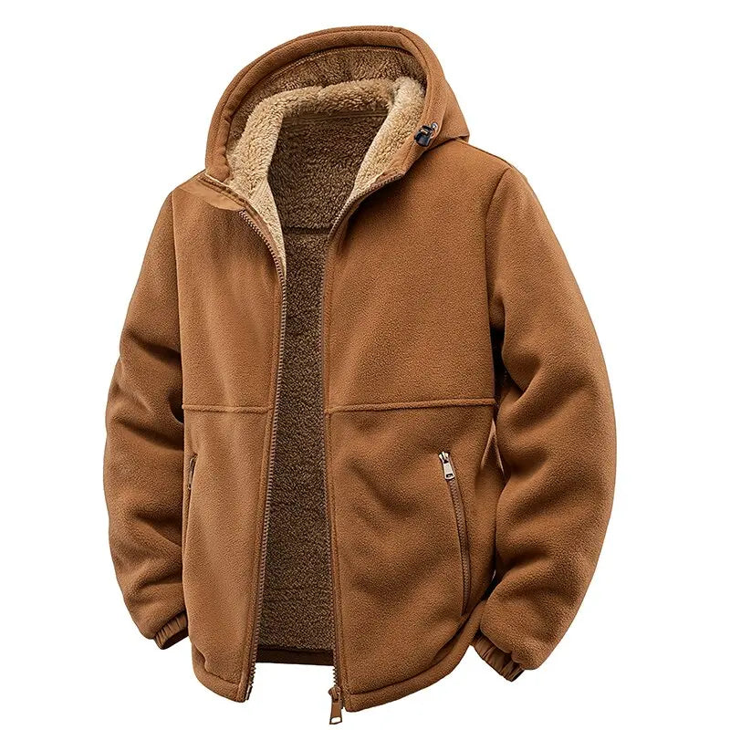 Caramel full-zip fleece jacket showing thick sherpa lining and hood