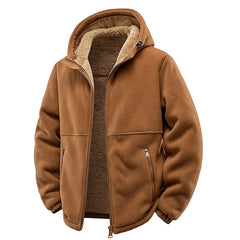 Caramel full-zip fleece jacket showing thick sherpa lining and hood