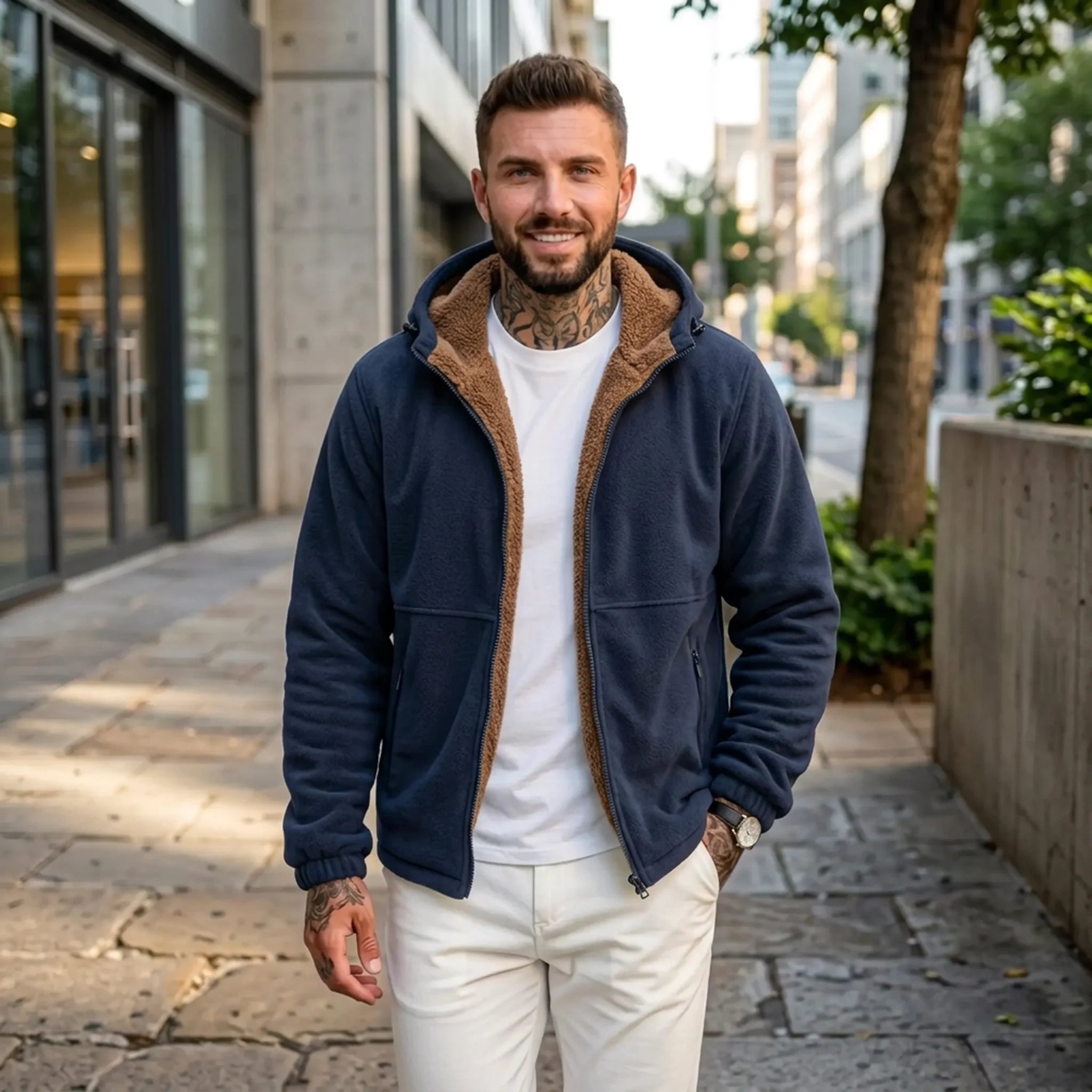 Man wearing navy sherpa fleece hooded jacket on a city street