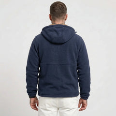 Navy sherpa-lined fleece jacket on model, back view