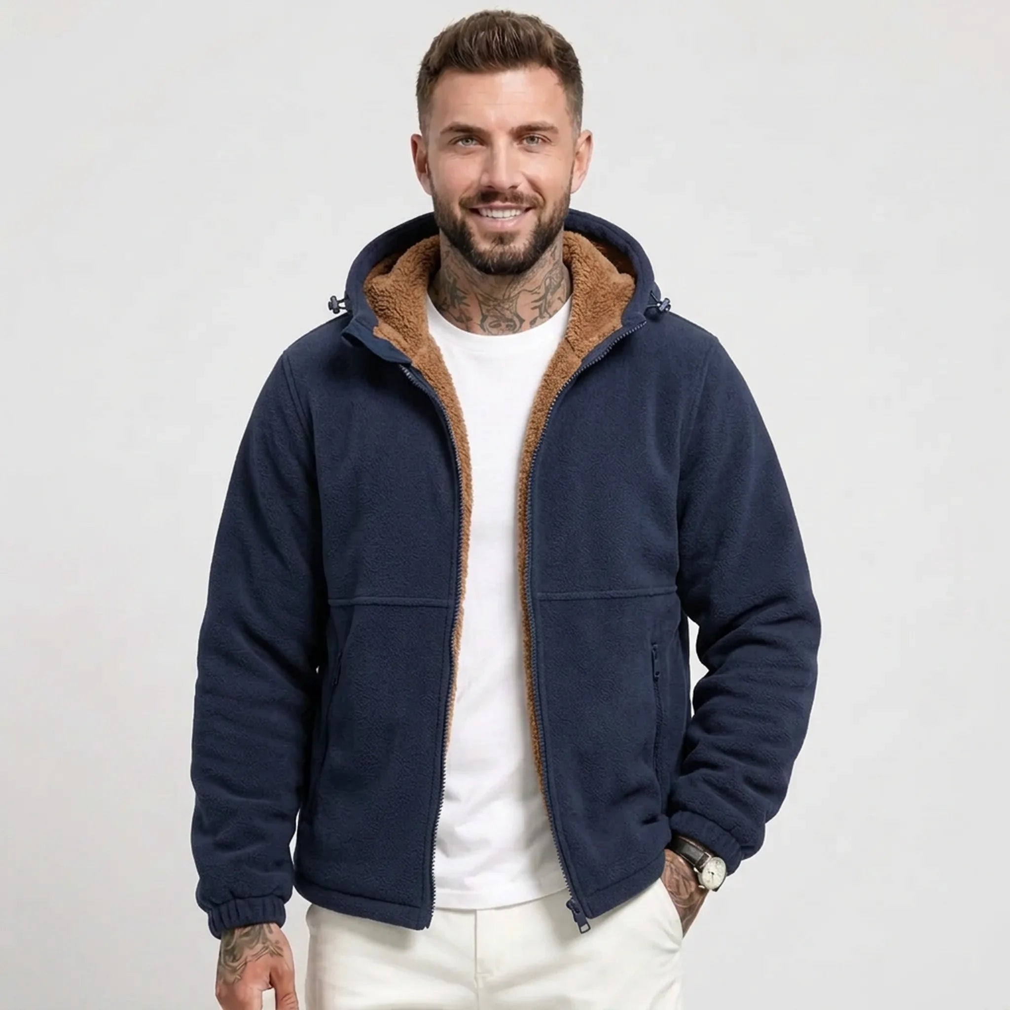 Navy sherpa-lined fleece hooded jacket on model, front view