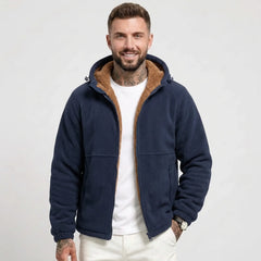 Navy sherpa-lined fleece hooded jacket on model, front view