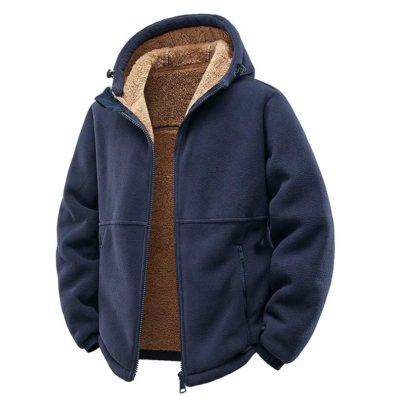Navy full-zip fleece jacket with sherpa-lined hood