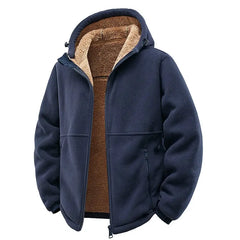 Navy full-zip fleece jacket with sherpa-lined hood