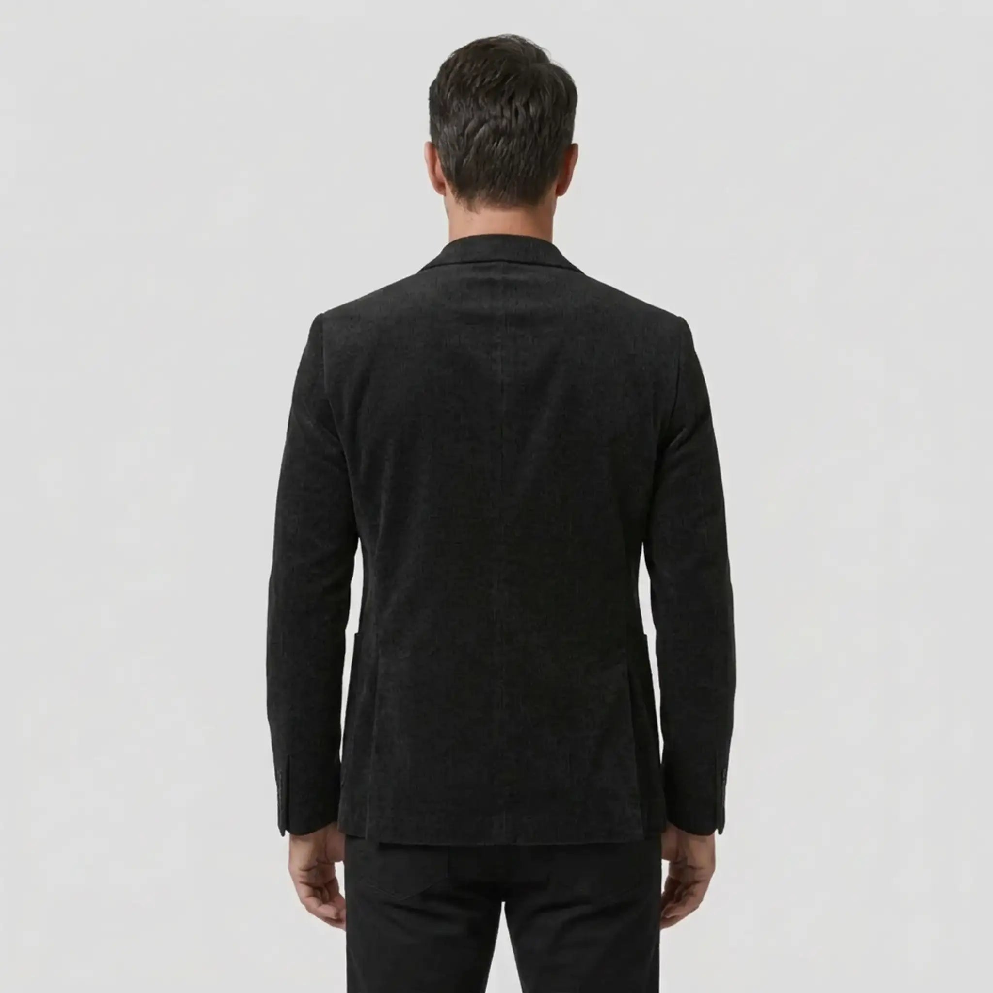 Black slim fit blazer back view on model