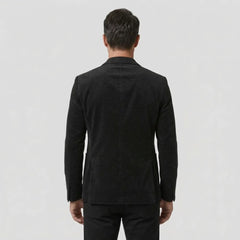 Black slim fit blazer back view on model