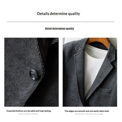 Close-up of blazer button and lapel edge