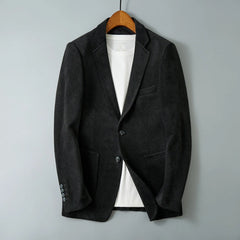 Black blazer on a hanger, front view with notch lapel