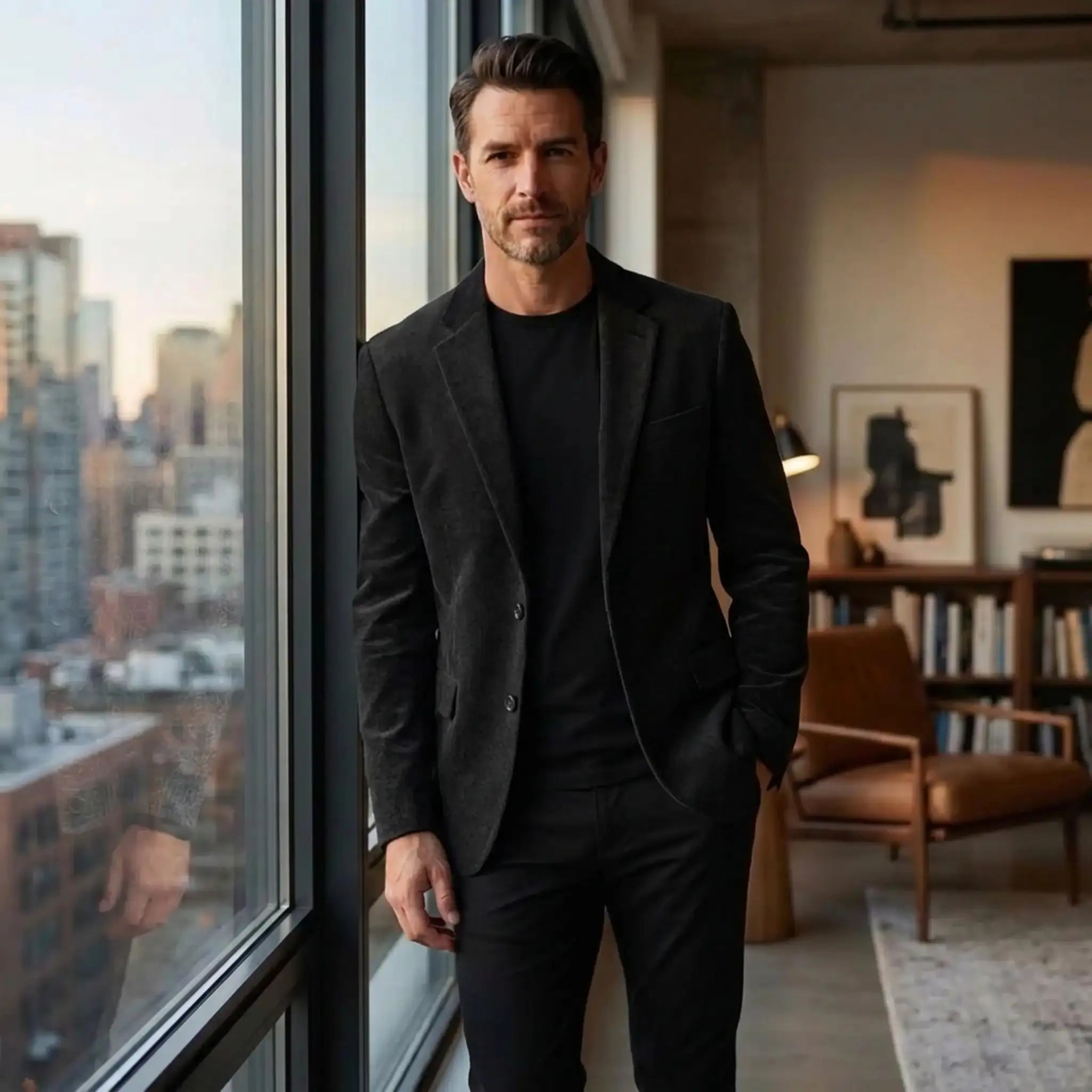 Man in black single-breasted blazer by a city loft window