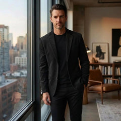 Man in black single-breasted blazer by a city loft window