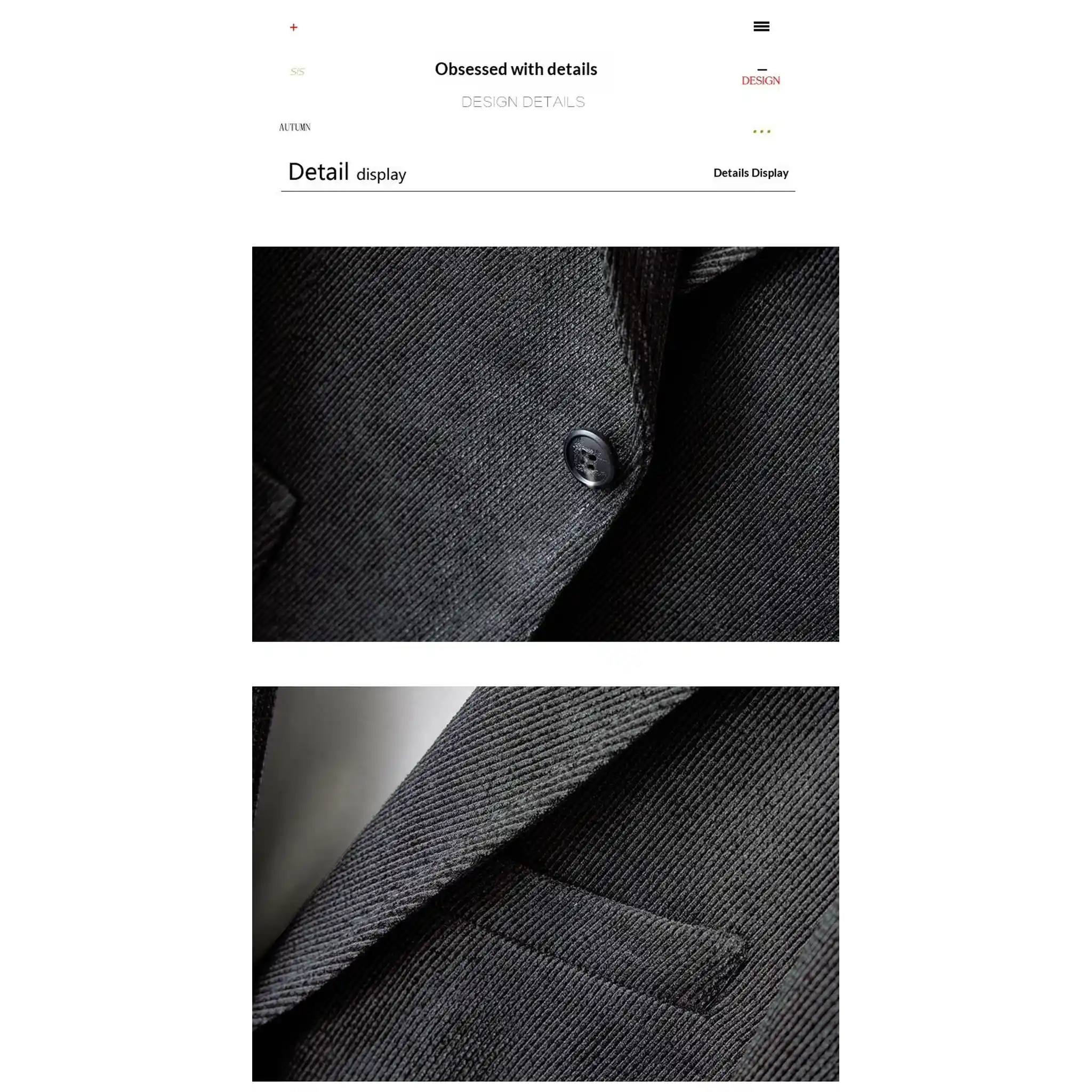 Close-up of blazer button and flap pocket