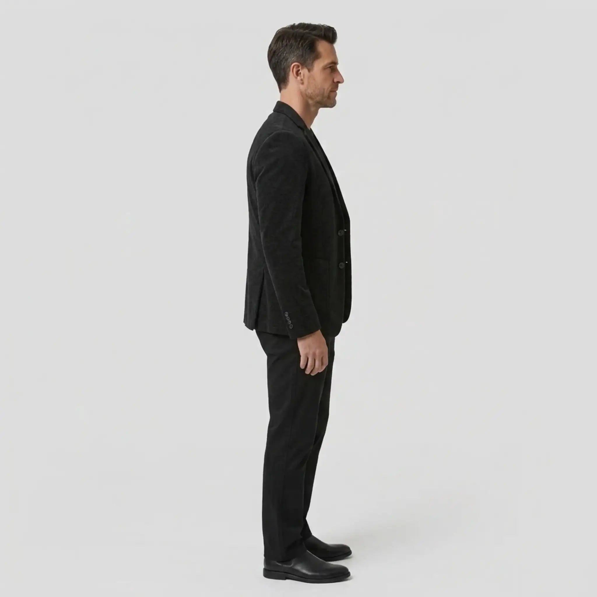 Black slim fit blazer side profile, full length