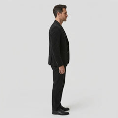 Black slim fit blazer side profile, full length