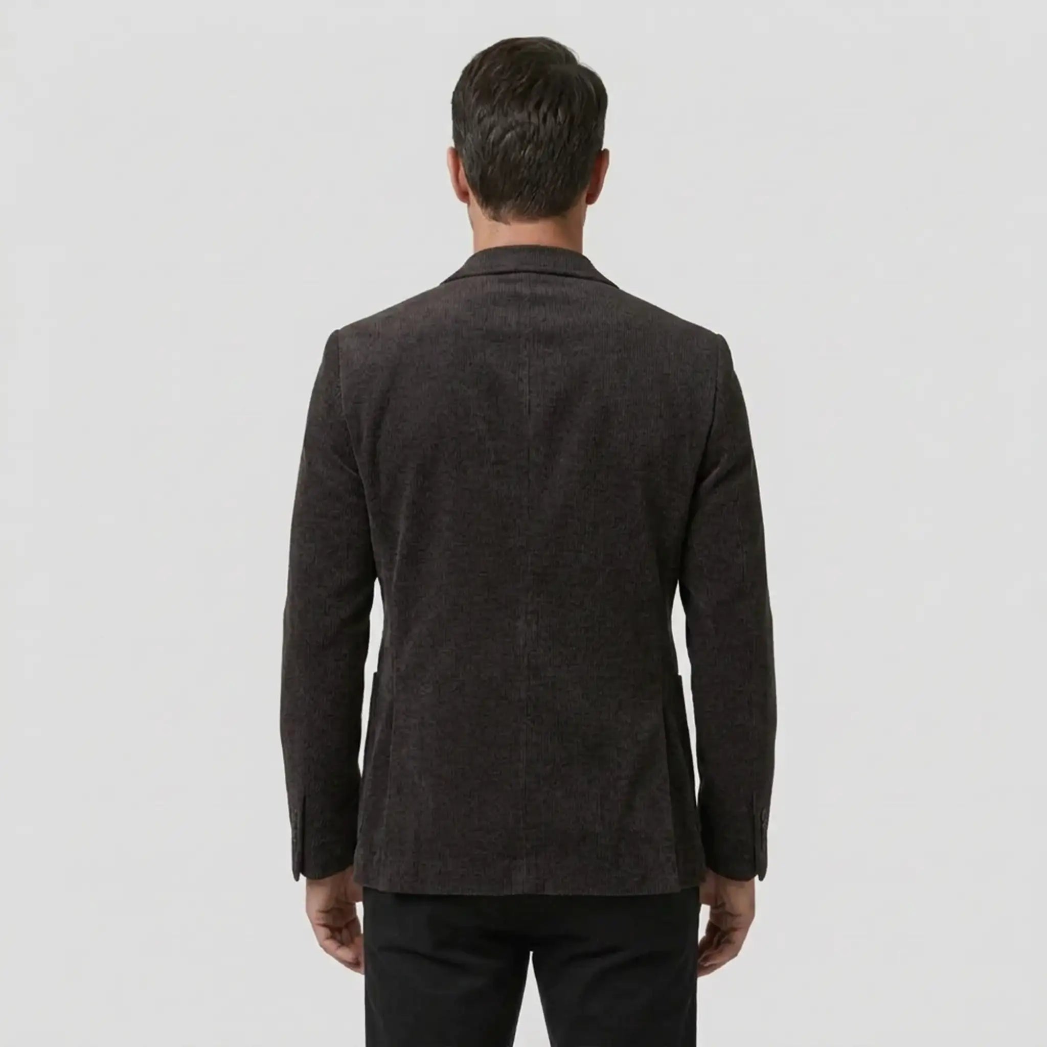 Dark purple slim fit blazer back view on model