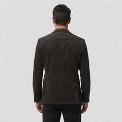 Dark purple slim fit blazer back view on model