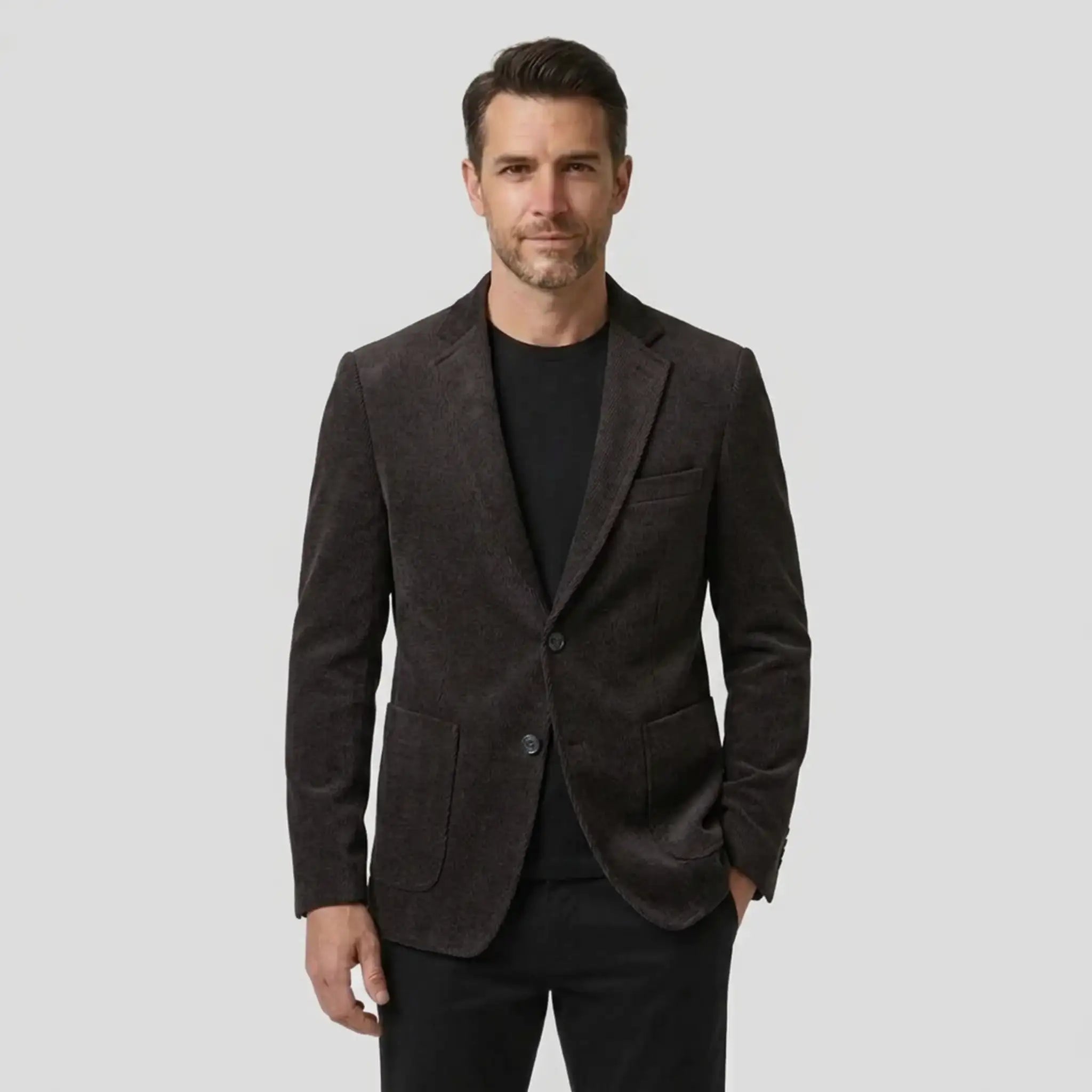 Men's dark purple slim fit blazer, front view on model