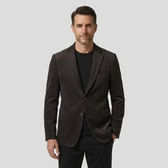 Men's dark purple slim fit blazer, front view on model