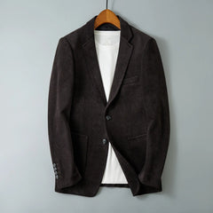 Dark purple blazer on a hanger, front view