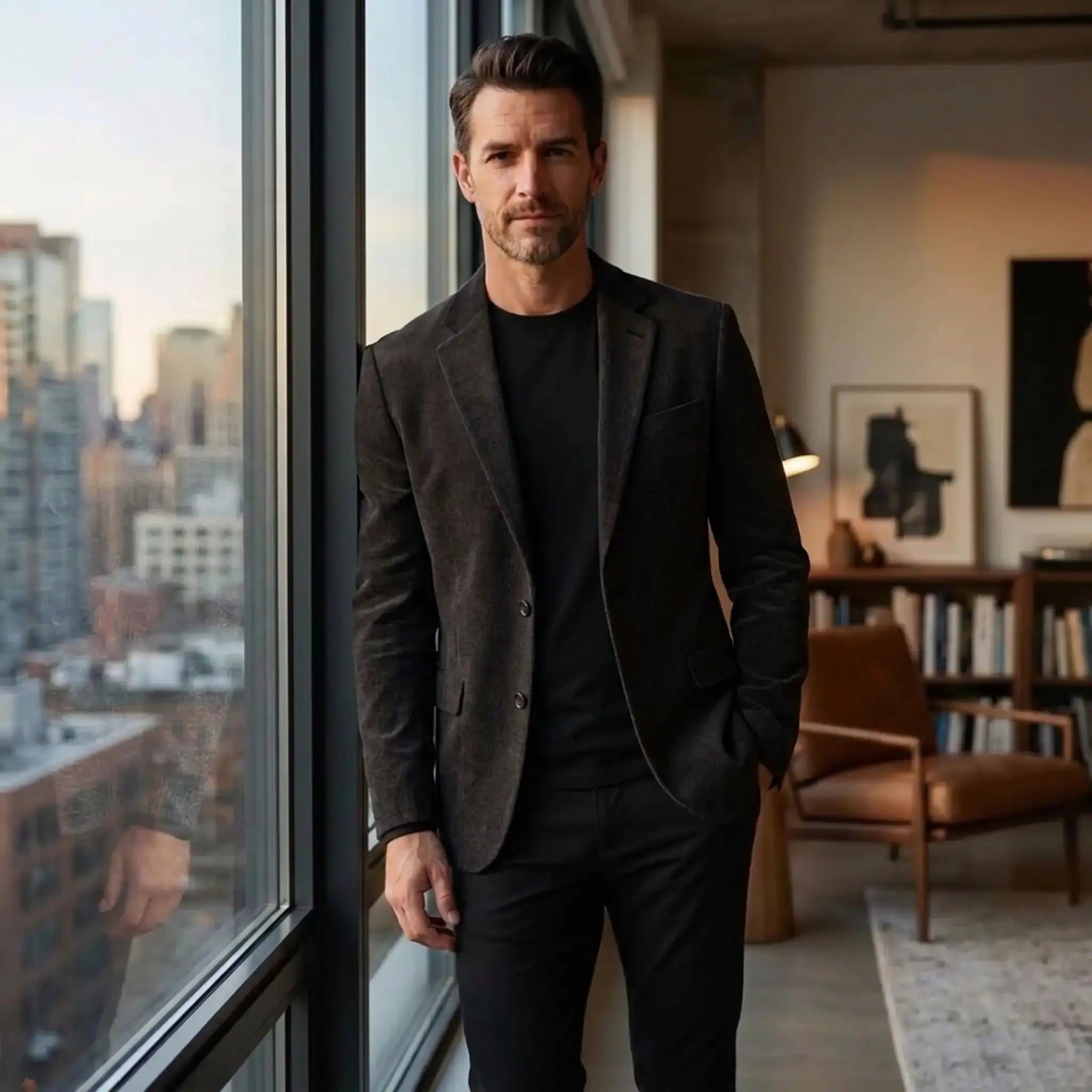Man in dark purple blazer and black tee by a city loft window