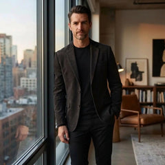 Man in dark purple blazer and black tee by a city loft window
