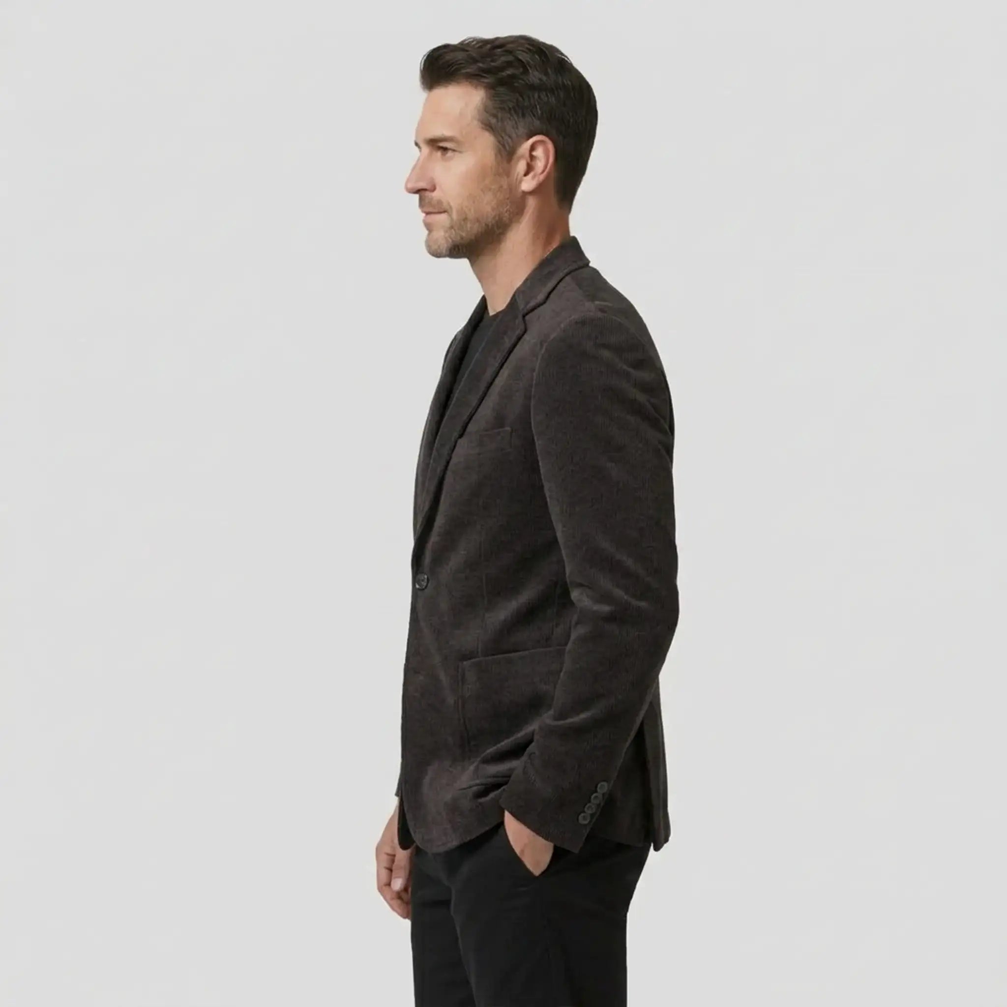 Dark purple slim fit blazer side profile on model