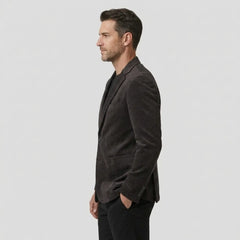 Dark purple slim fit blazer side profile on model