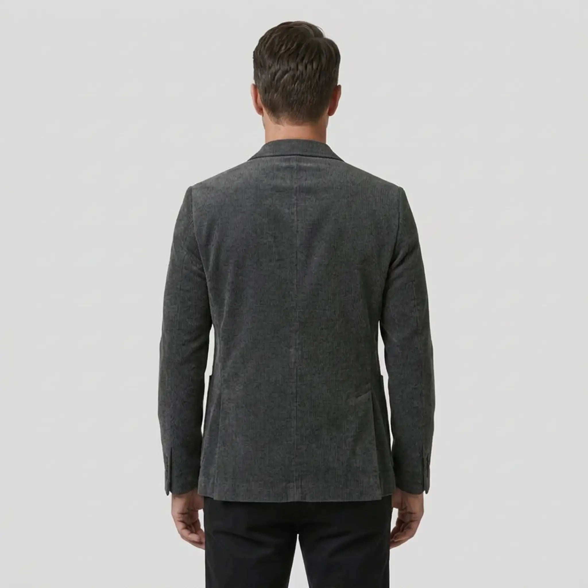 Gray slim fit blazer back view on model