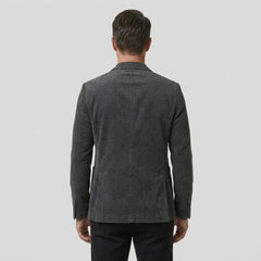 Gray slim fit blazer back view on model