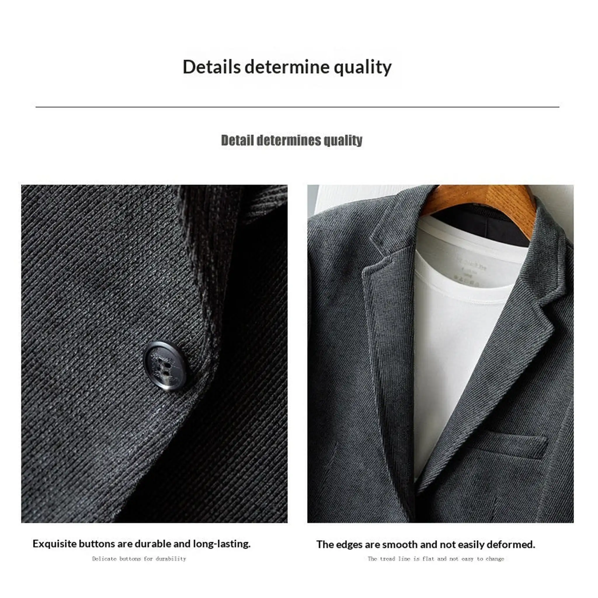 Close-up of gray blazer button and notch lapel