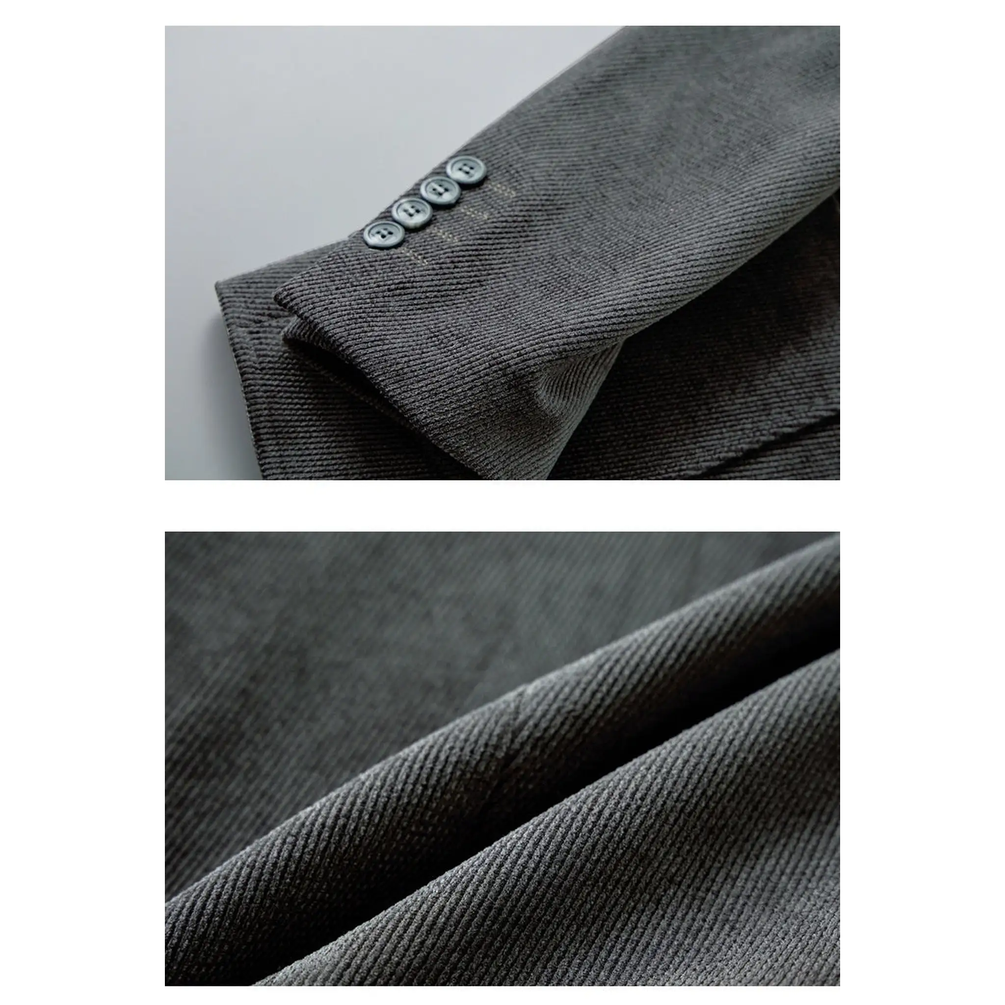 Gray blazer sleeve buttons and fabric close-up