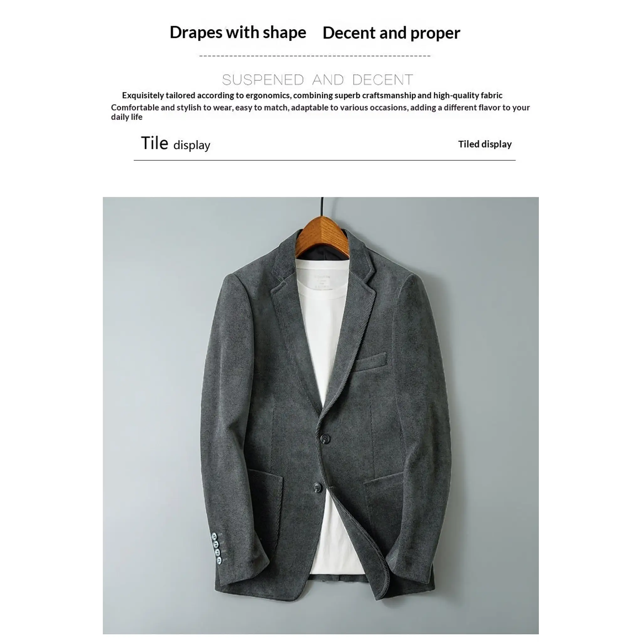 Gray blazer drape and fit detail on hanger