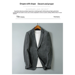 Gray blazer drape and fit detail on hanger