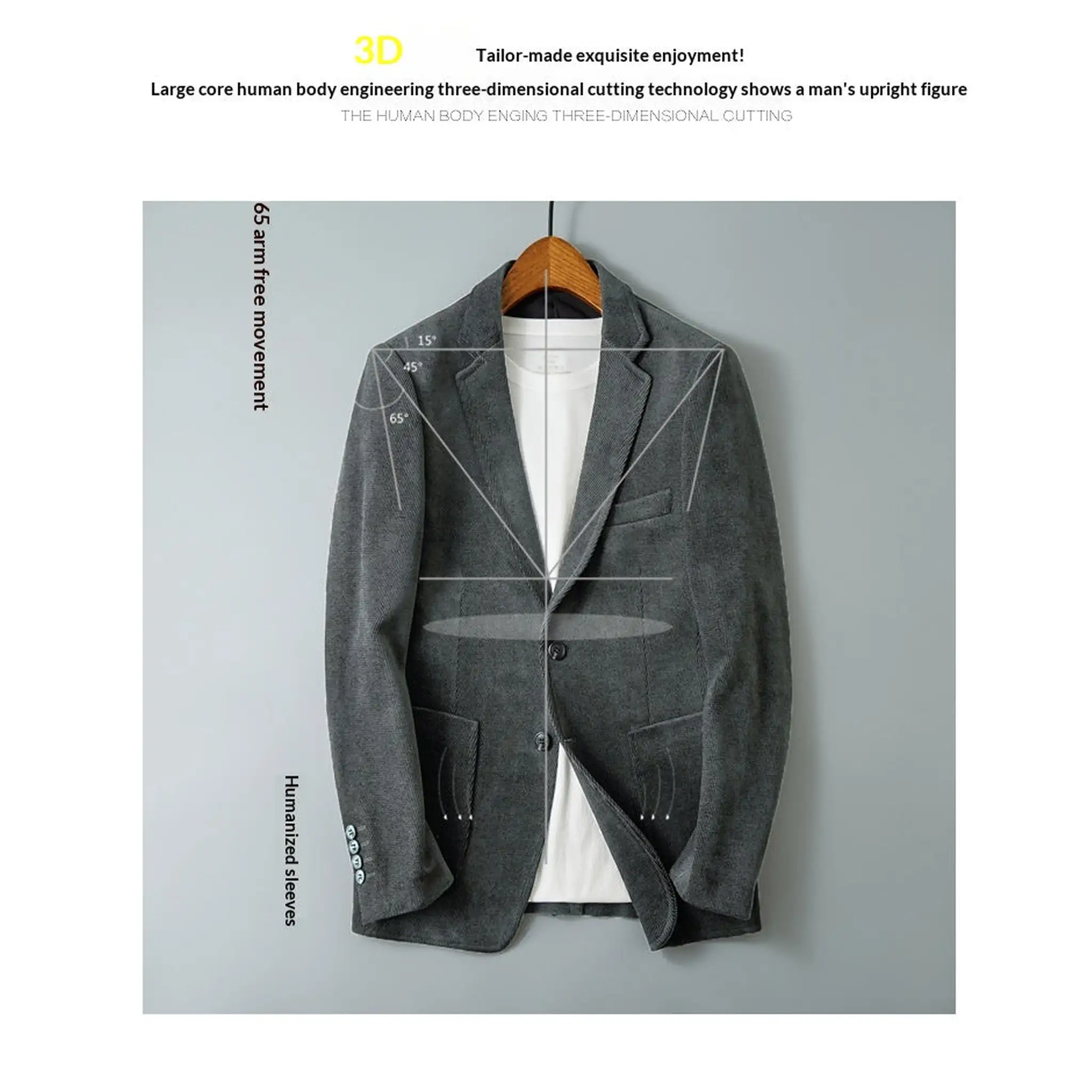 Gray blazer feature overview on hanger