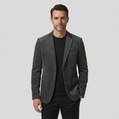 MannerCo men's gray slim fit single-breasted blazer, front view on model