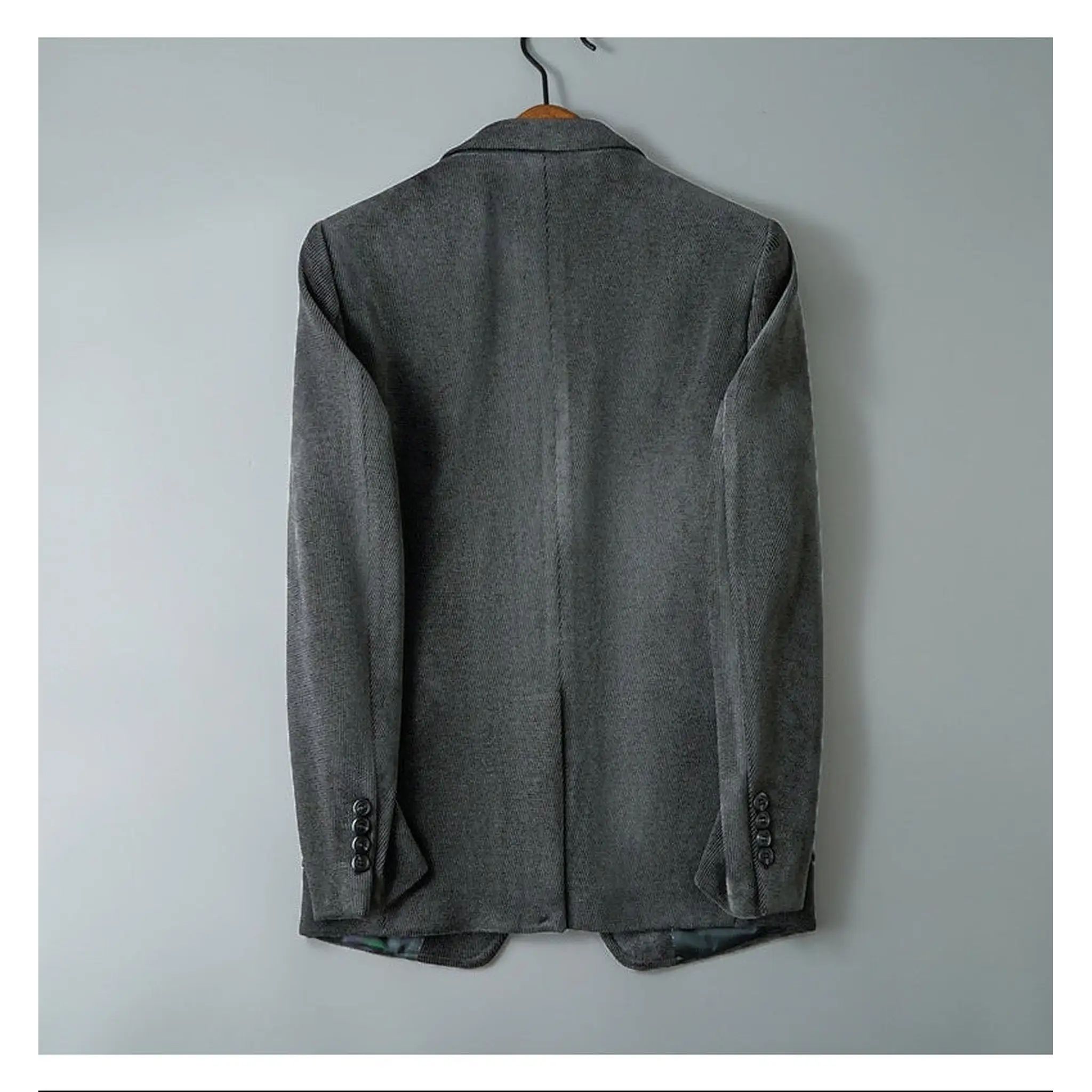 Gray blazer on a hanger, back view