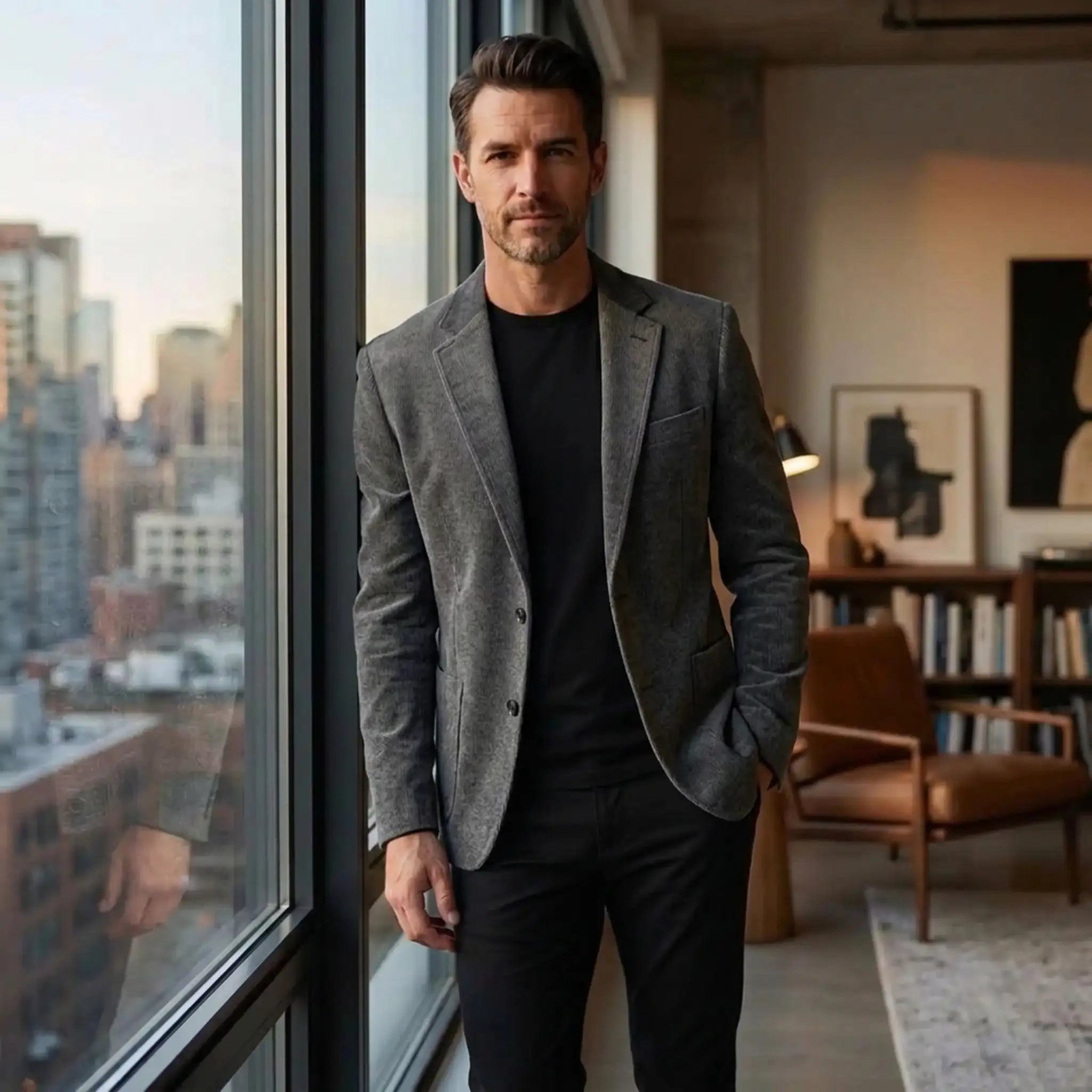 Man in gray single-breasted blazer and black tee by a city loft window