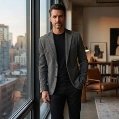 Man in gray single-breasted blazer and black tee by a city loft window