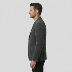 Gray slim fit blazer side profile on model