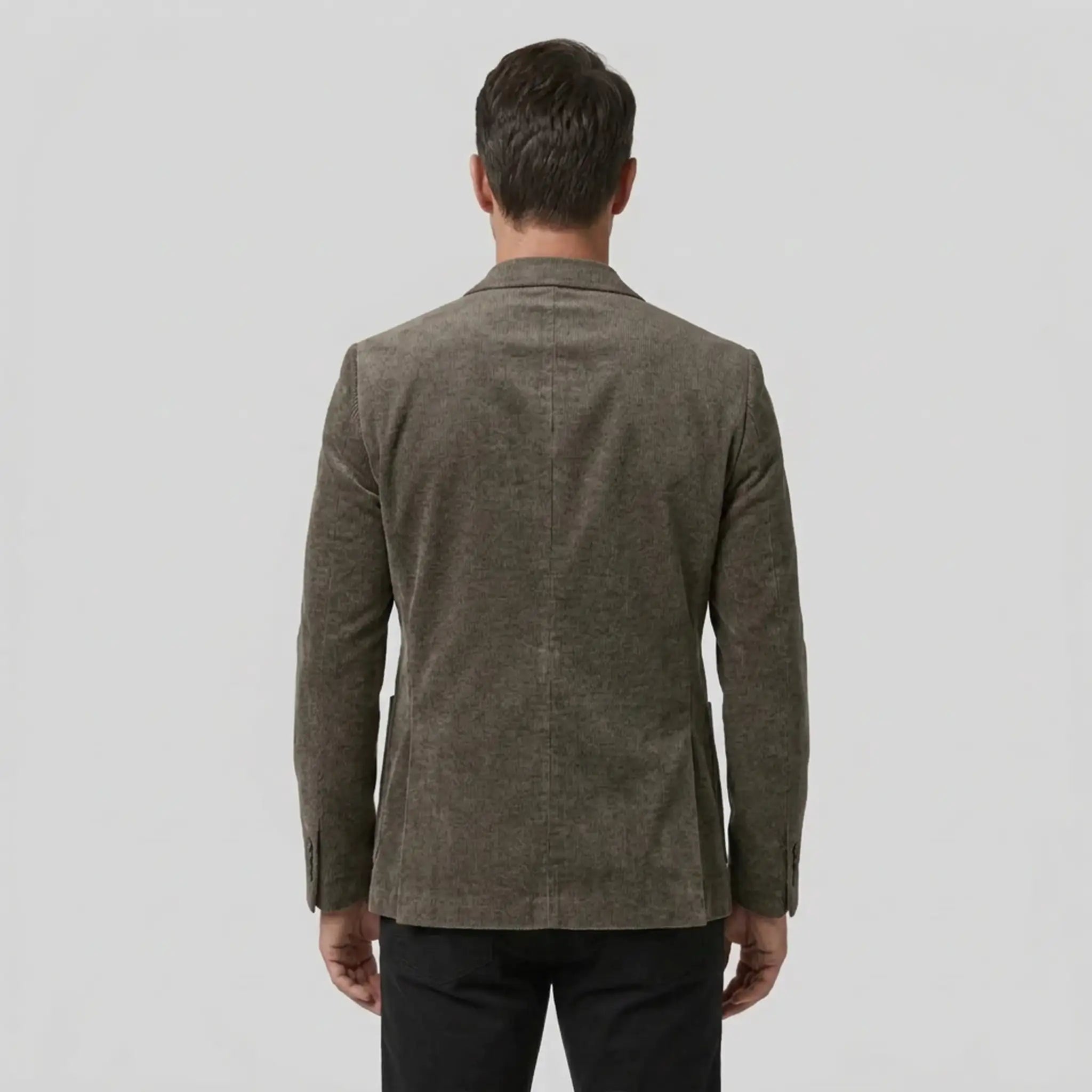 Khaki slim fit blazer back view on model