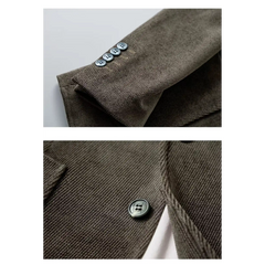 Close-up of khaki blazer sleeve buttons and front button