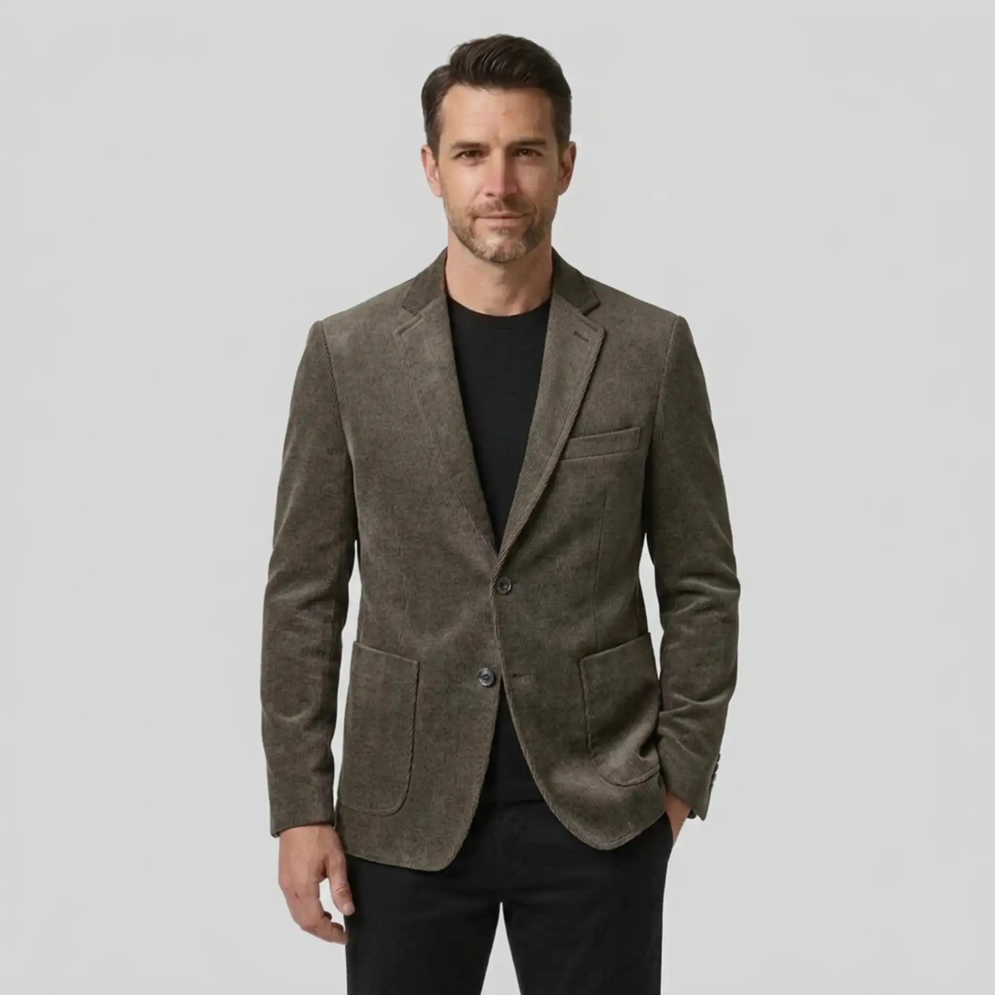 Men's khaki slim fit single-breasted blazer, front view on model