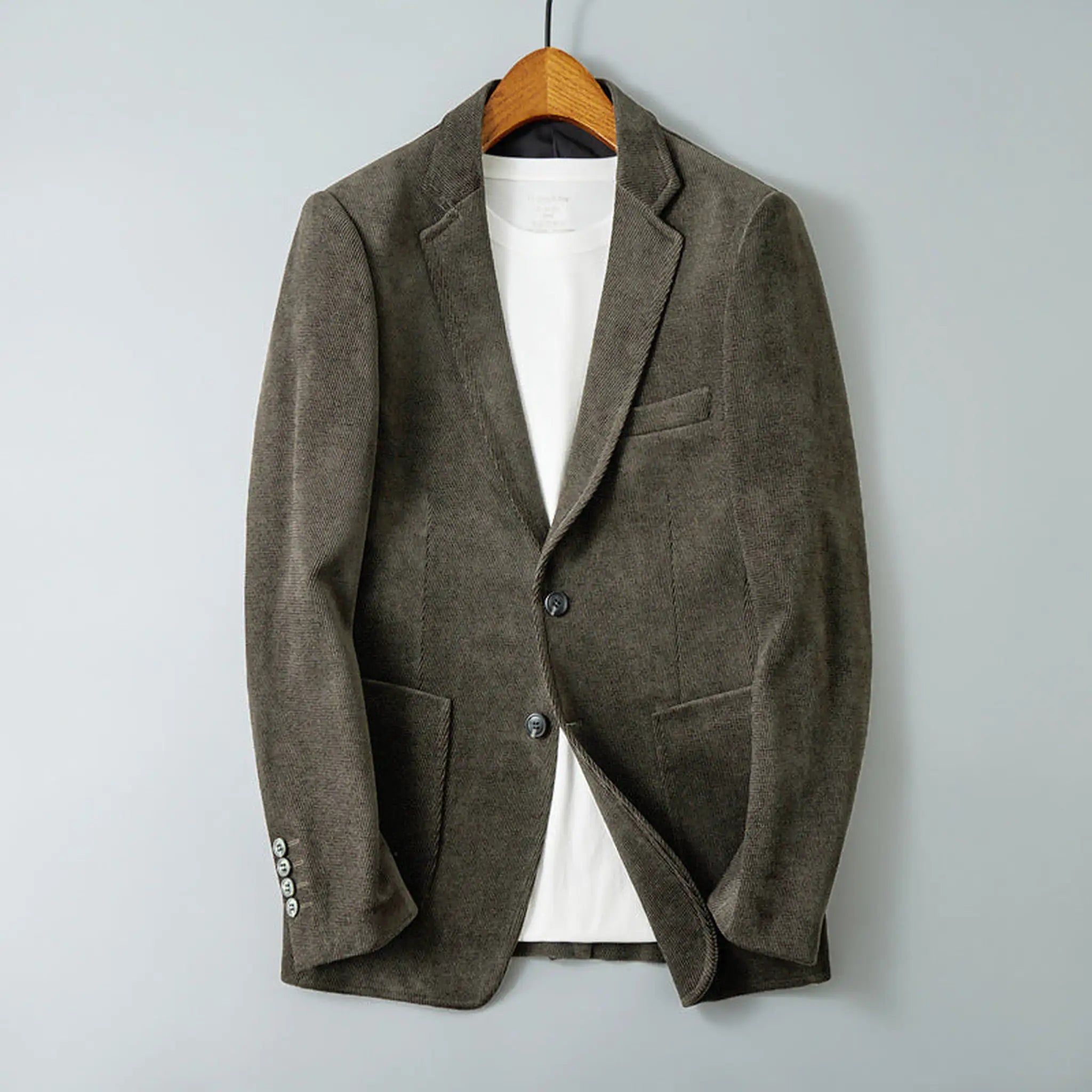 Khaki brushed twill blazer on a hanger, front view