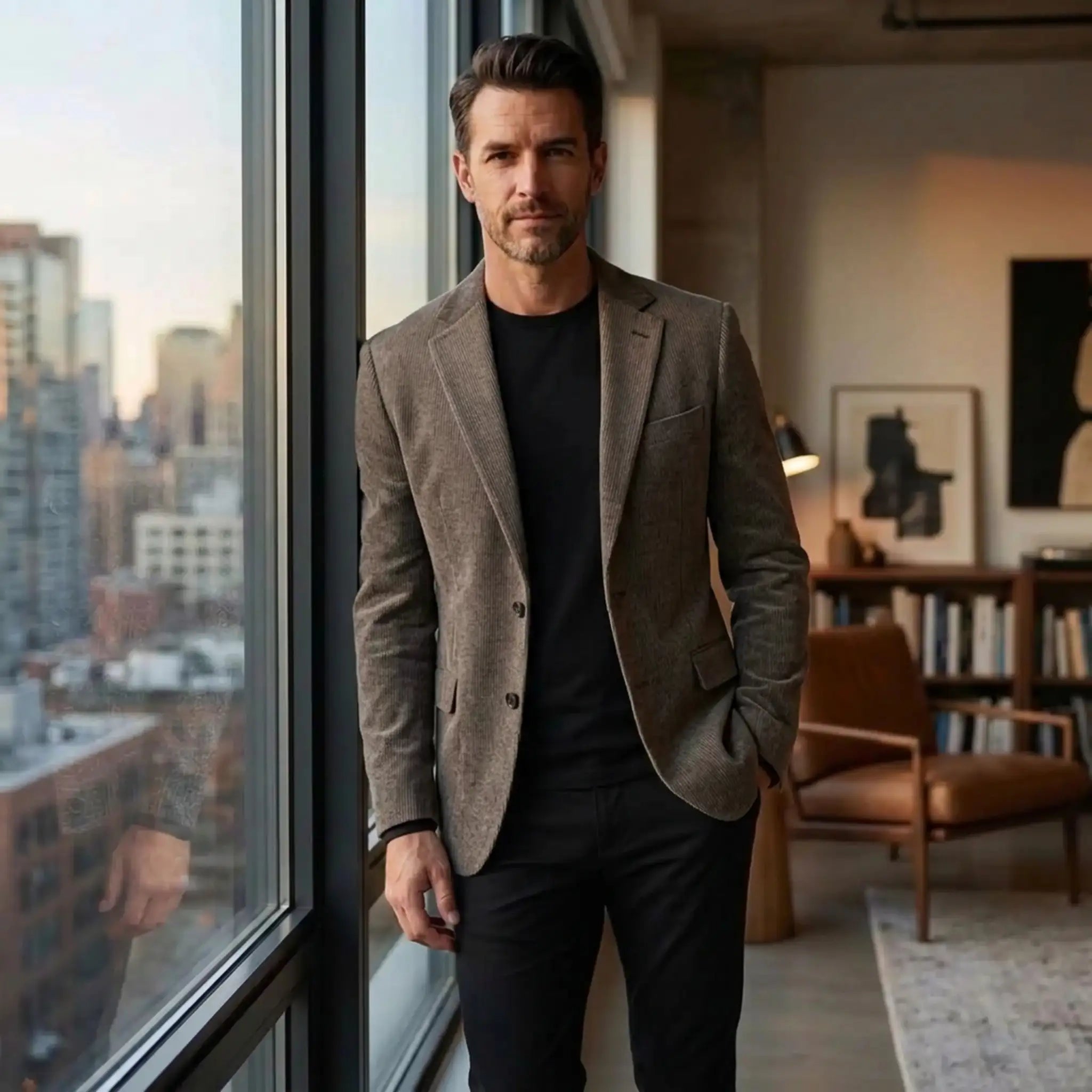 Man in khaki single-breasted blazer by a city loft window