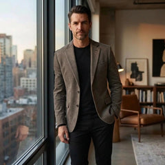 Man in khaki single-breasted blazer by a city loft window