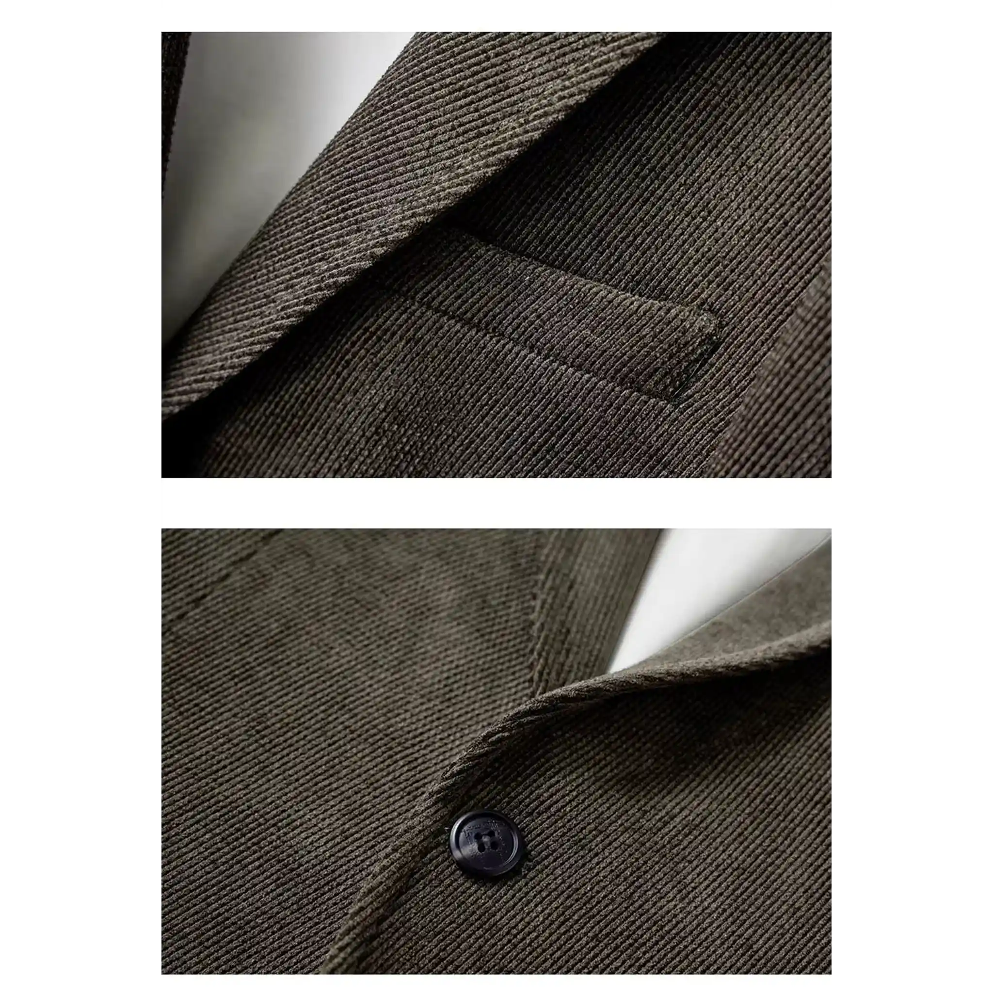 Close-up of khaki blazer flap pocket and button