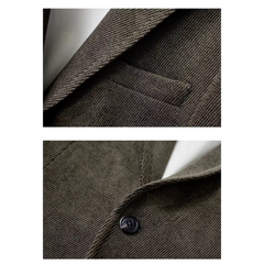 Close-up of khaki blazer flap pocket and button