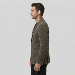 Khaki slim fit blazer side profile on model