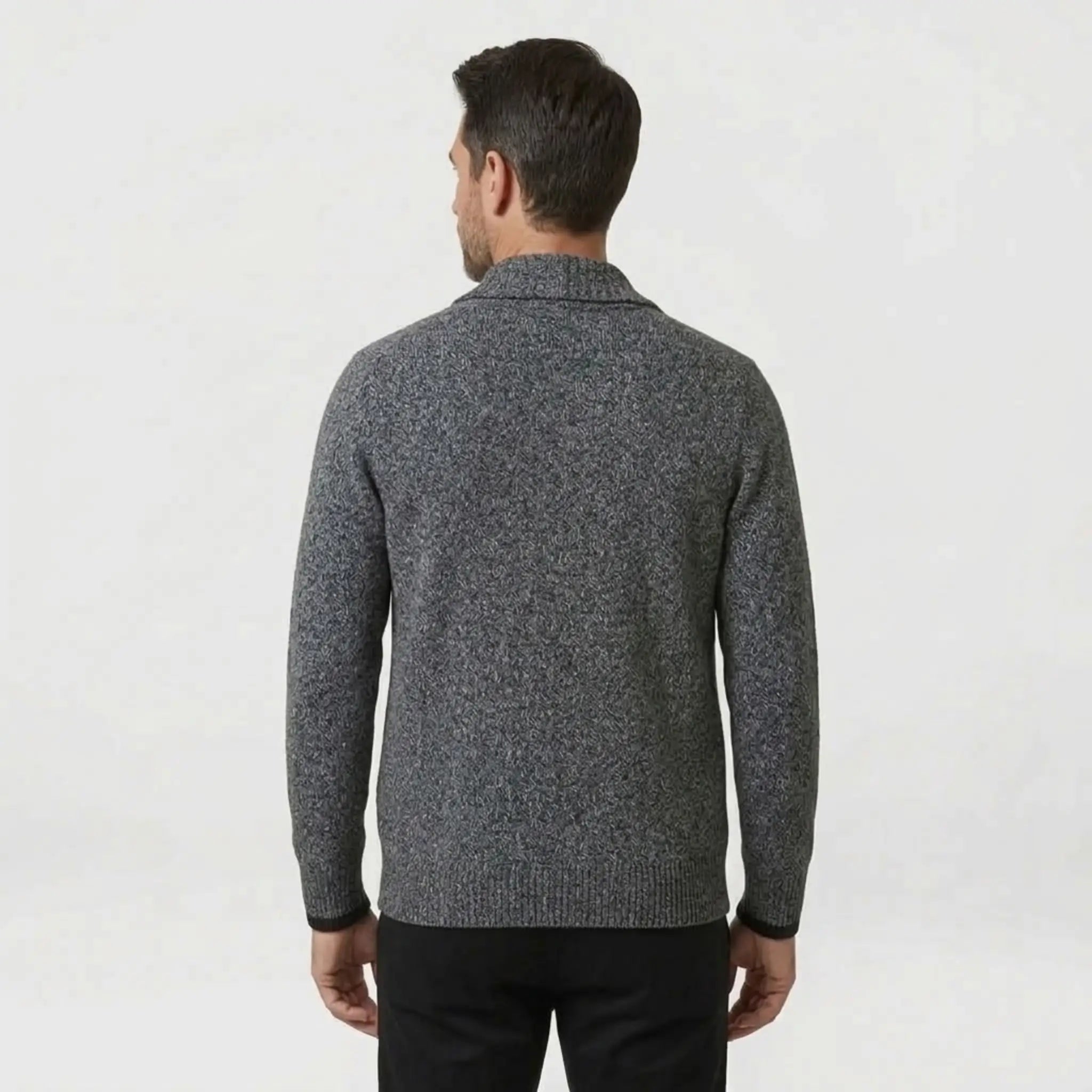 MannerCo men's dark gray slim fit cardigan sweater with lapel collar back view on male model